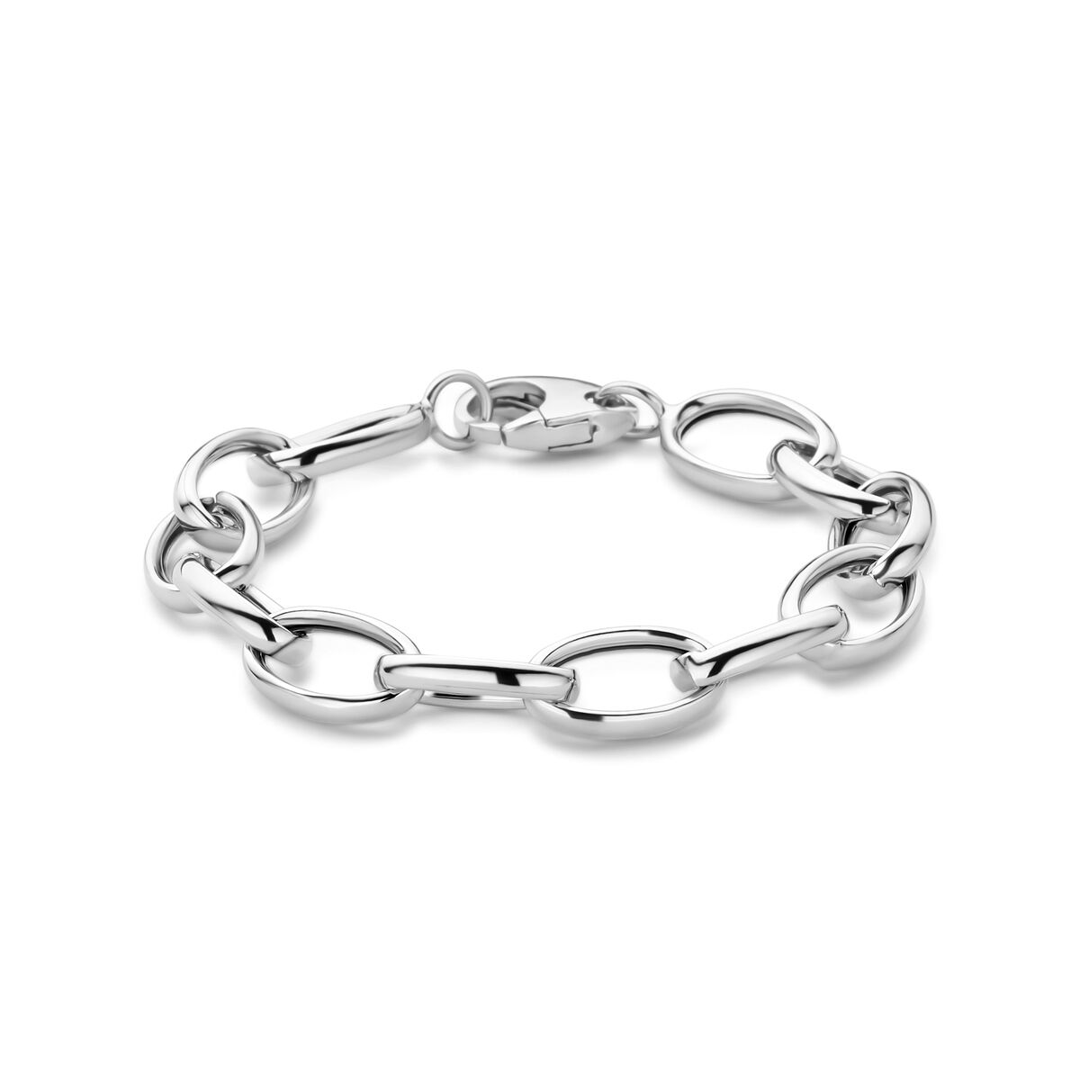 De Van der Kooij Collectie armband anker 10 mm 19 cm zilver gerhodineerd heeft grote ovale en ronde in elkaar grijpende schakels met een karabijnsluiting, afgebeeld op een witte achtergrond - een elegante damesarmband voor elke gelegenheid.