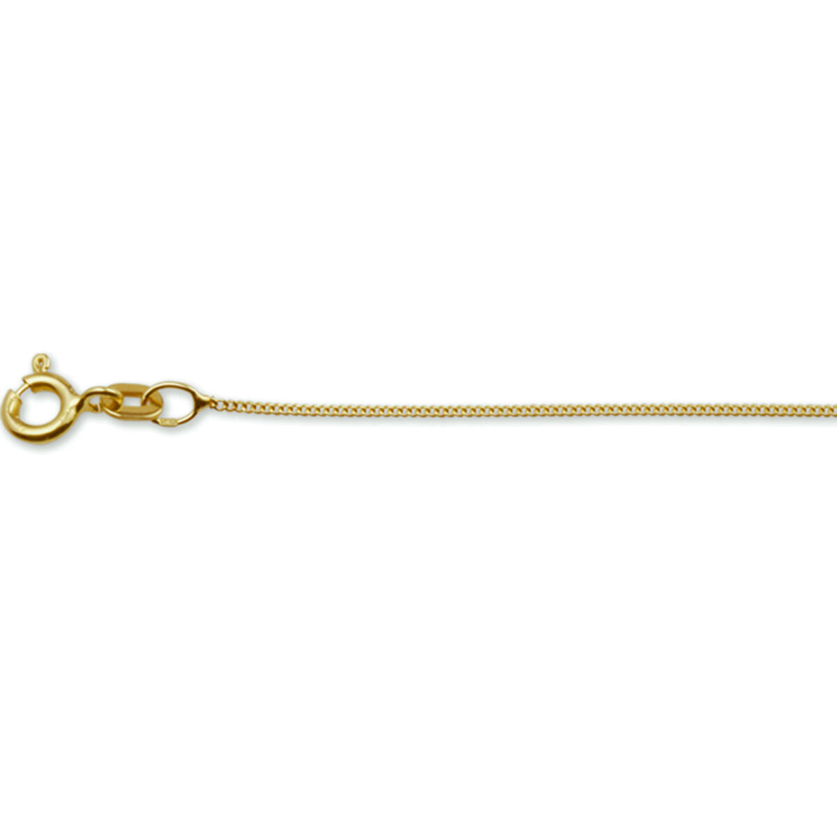 Een close-up van het collier gourmette 0,8 mm 14K geelgoud uit de Van der Kooij Collectie, met een dunne ketting met een veerringsluiting, afgebeeld op een effen witte achtergrond.