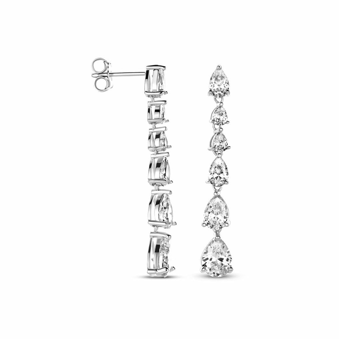 Een paar 42 mm gerhodineerde zilveren oorhangers van de Van der Kooij Collectie, elk met een verticale rij sprankelende zirkonia's in diverse vormen. Eén oorhanger is van voren, de ander van opzij te zien.