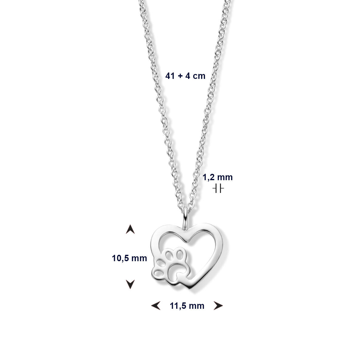 necklace heart dog paw 41 + 4 cm silver rhodium plated