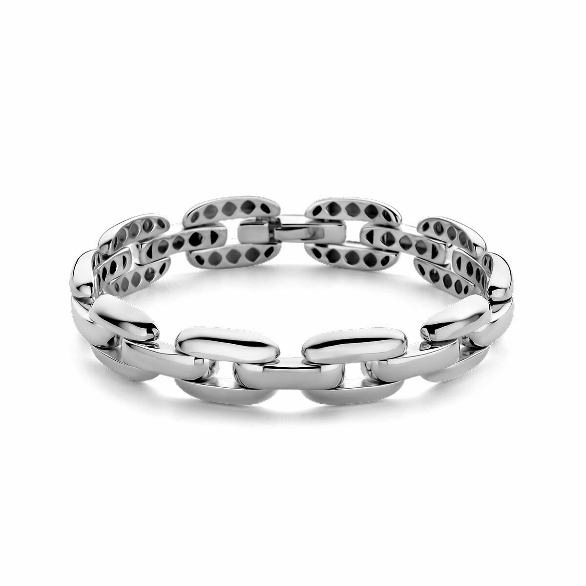 Zilveren gerhodineerde armband met schakels en geperforeerde details.