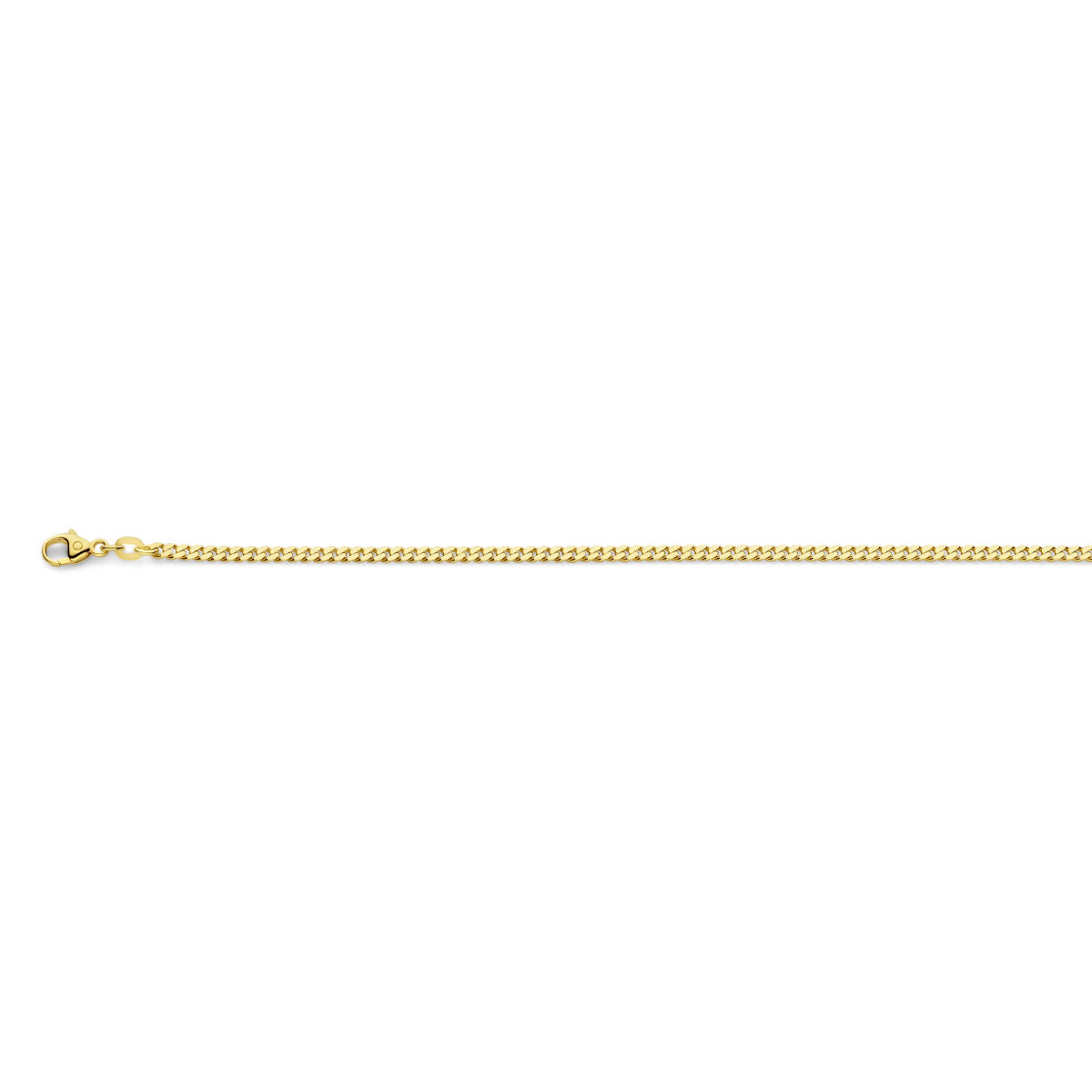 De Van der Kooij Collectie gourmette armband is een 2,4 mm, 4-zijdig geslepen, massief 14K geelgouden ketting met karabijnsluiting, afgebeeld op een witte ondergrond.