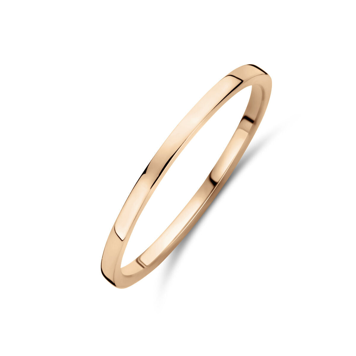 De Ring 14K roségoud van Van der Kooij Collectie is een eenvoudige, dunne ring (1,5 mm breed) met een gladde, gepolijste afwerking en wordt getoond tegen een witte achtergrond. Perfect als stijlvolle damesaccessoire.