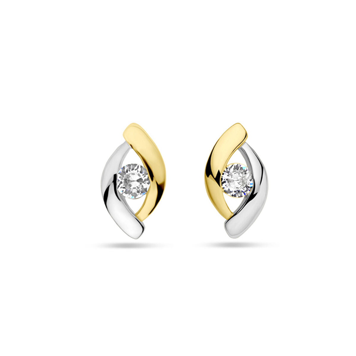 Een paar oorknoppen zirkonia 1 micron zilver verguld (geel/rhodium) van Van der Kooij Collectie, met ronde zirkonia tussen gebogen gouden en zilveren accenten, weergegeven op een witte achtergrond.