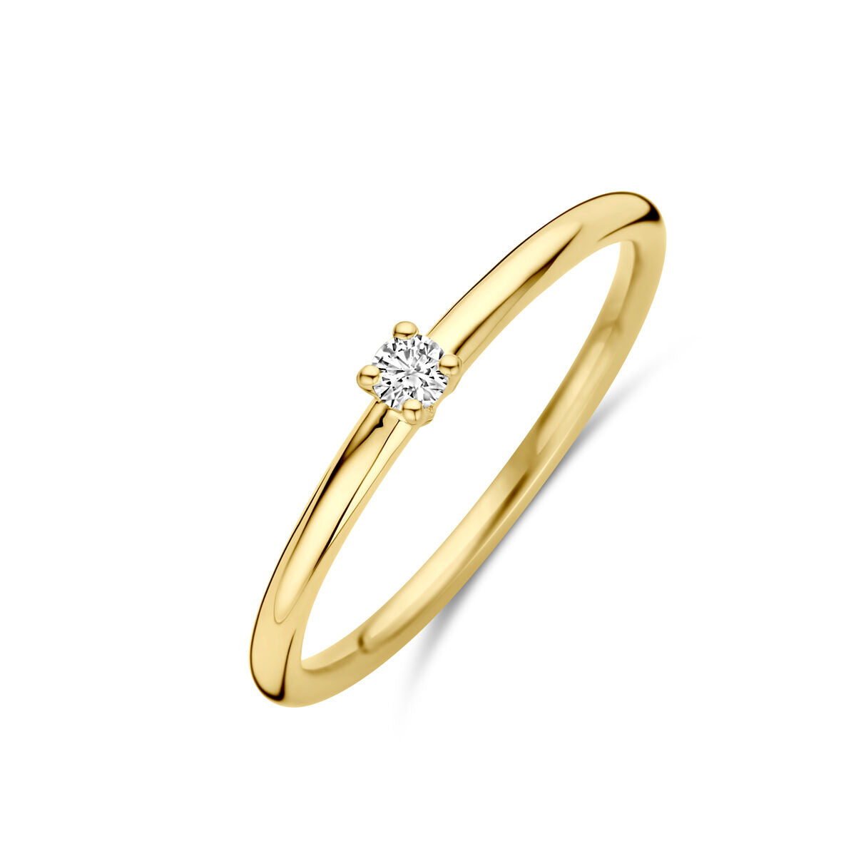 Geelgouden ring met een solitaire diamant van 0.05 ct, met een eenvoudige, verfijnde band.