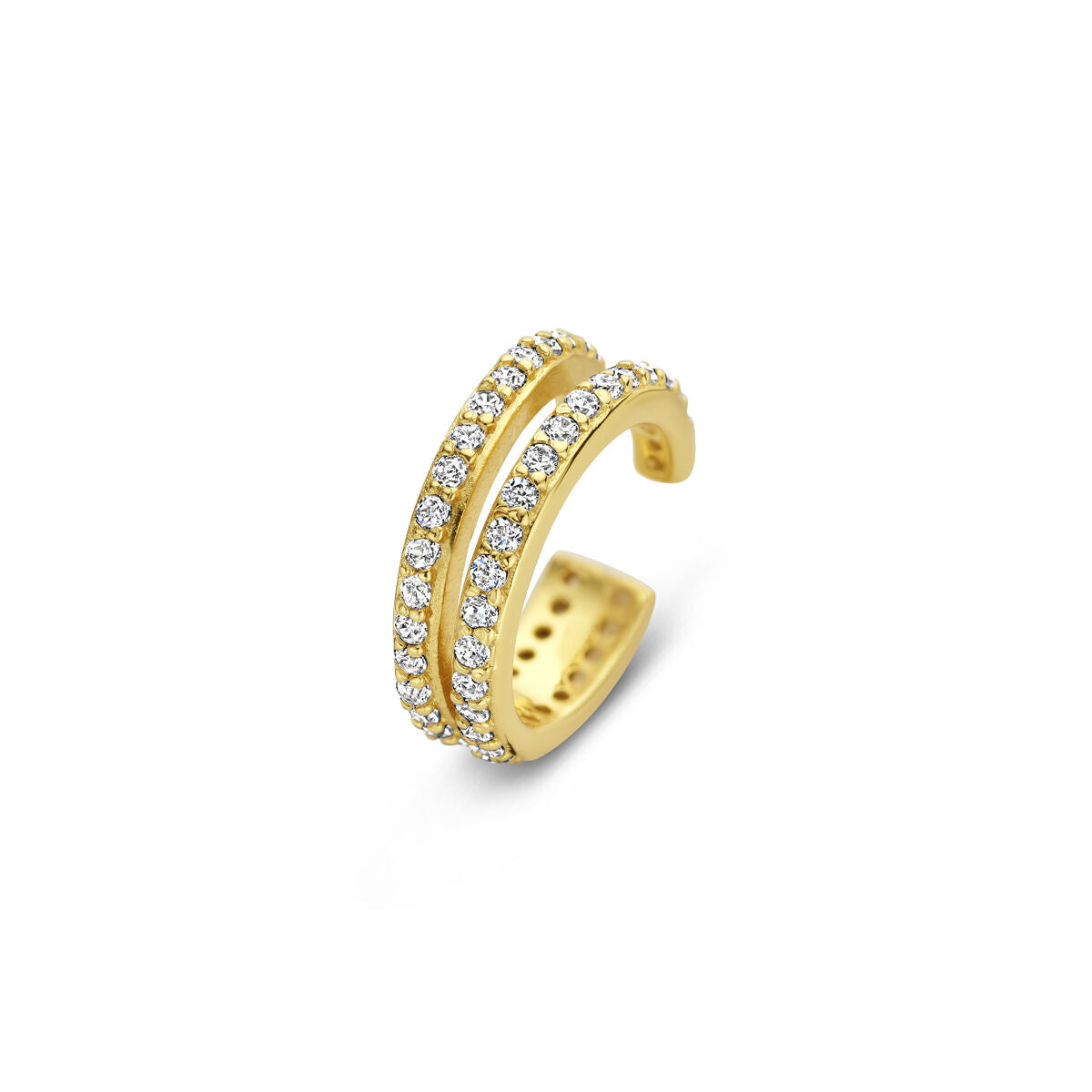 Verguld zilveren ear cuff met twee rijen sprankelende zirkonia-steentjes.