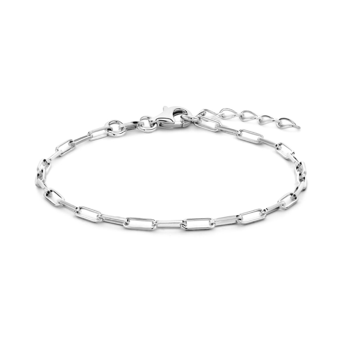 Zilveren gerhodineerde armband met paperclip schakels en vierkante buisjes, lengte 15,5 cm plus 2,5 cm verlengketting.