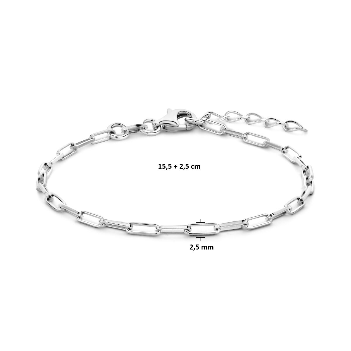 armband paperclip vierkante buis 2,3 mm 15,5 + 2,5 cm zilver gerhodineerd