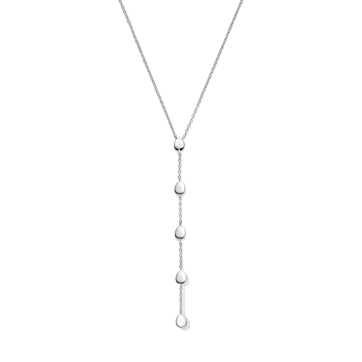 De Van der Kooij Collectie y-collier 40 + 5 cm is een gehodineerd zilveren ketting met een minimalistisch ontwerp en vijf kleine druppelvormige hangers die verticaal aan een fijne ketting hangen.