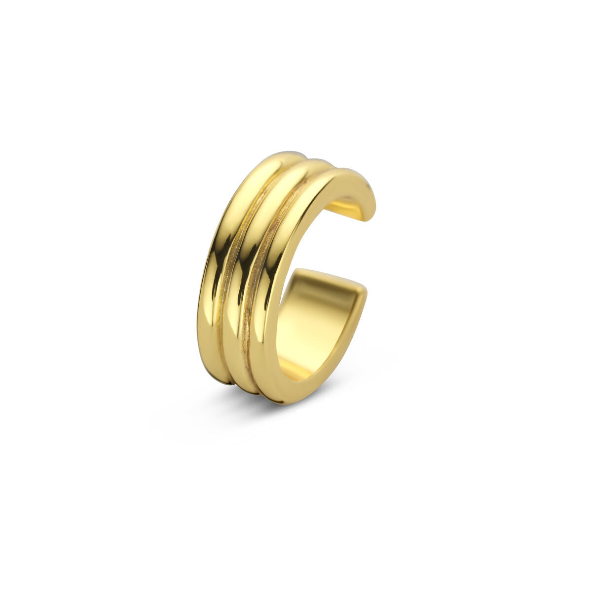 Verguld zilveren ear cuff met drie strakke ringen en een minimalistisch ontwerp.
