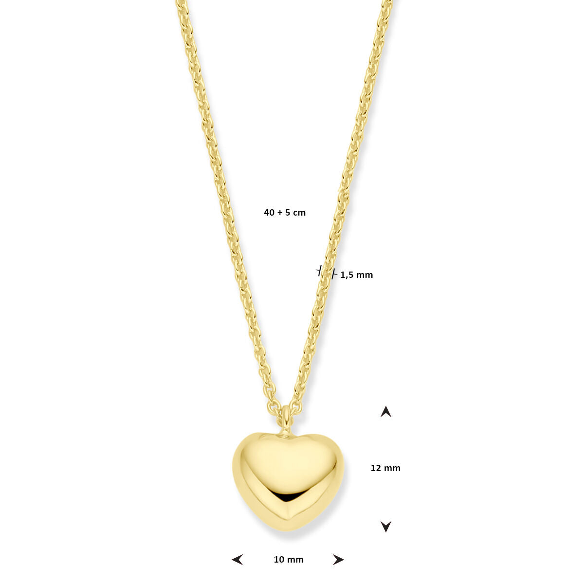 Het Van der Kooij Collectie collier hart (1,5 mm, 40+5 cm) is een geel zilver vergulde ketting met een glanzende hartvormige hanger (10x12x1,5 mm) en veilige karabijnsluiting - perfect voor Valentijn.
