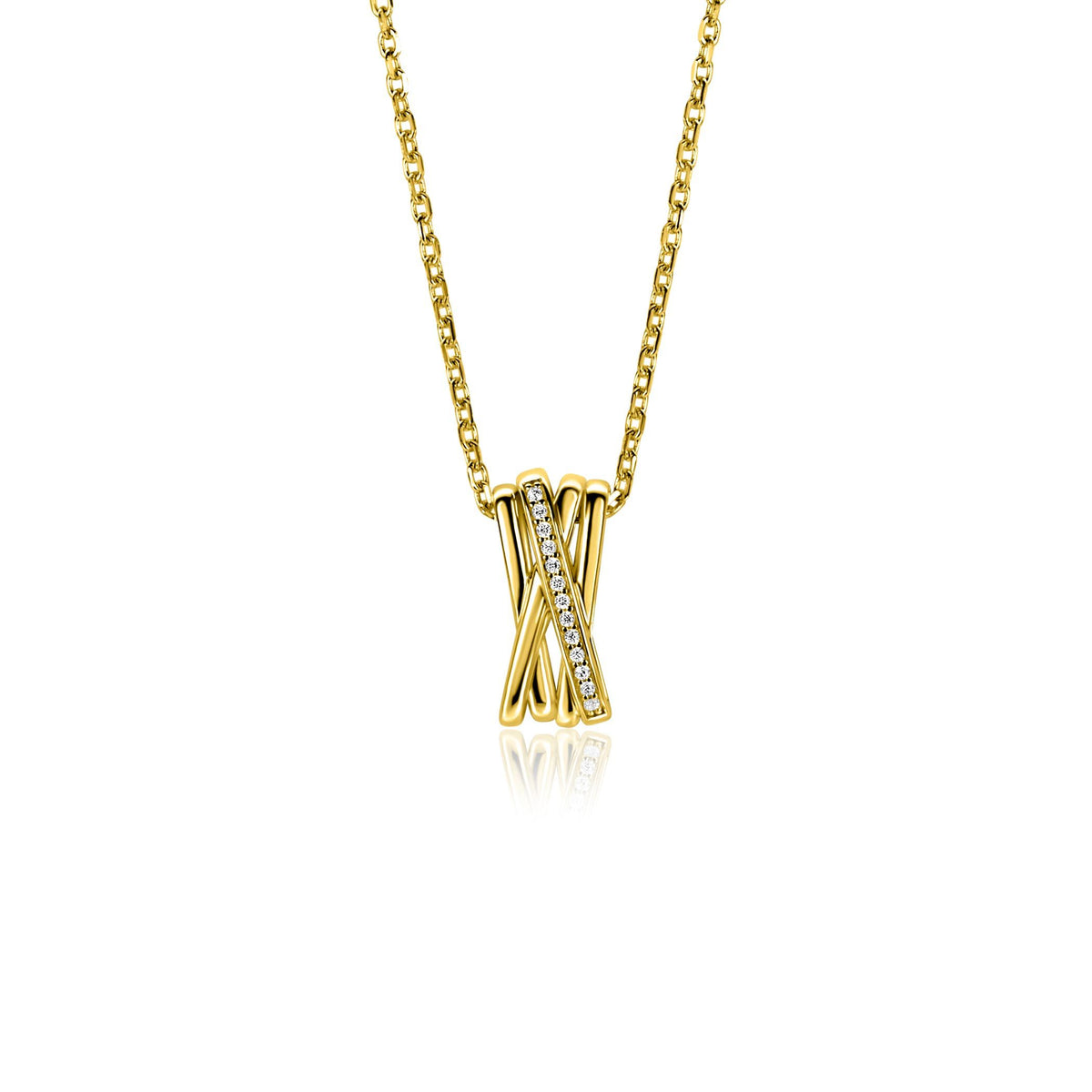 Gouden ketting met een abstracte hanger en sprankelende steentjes.