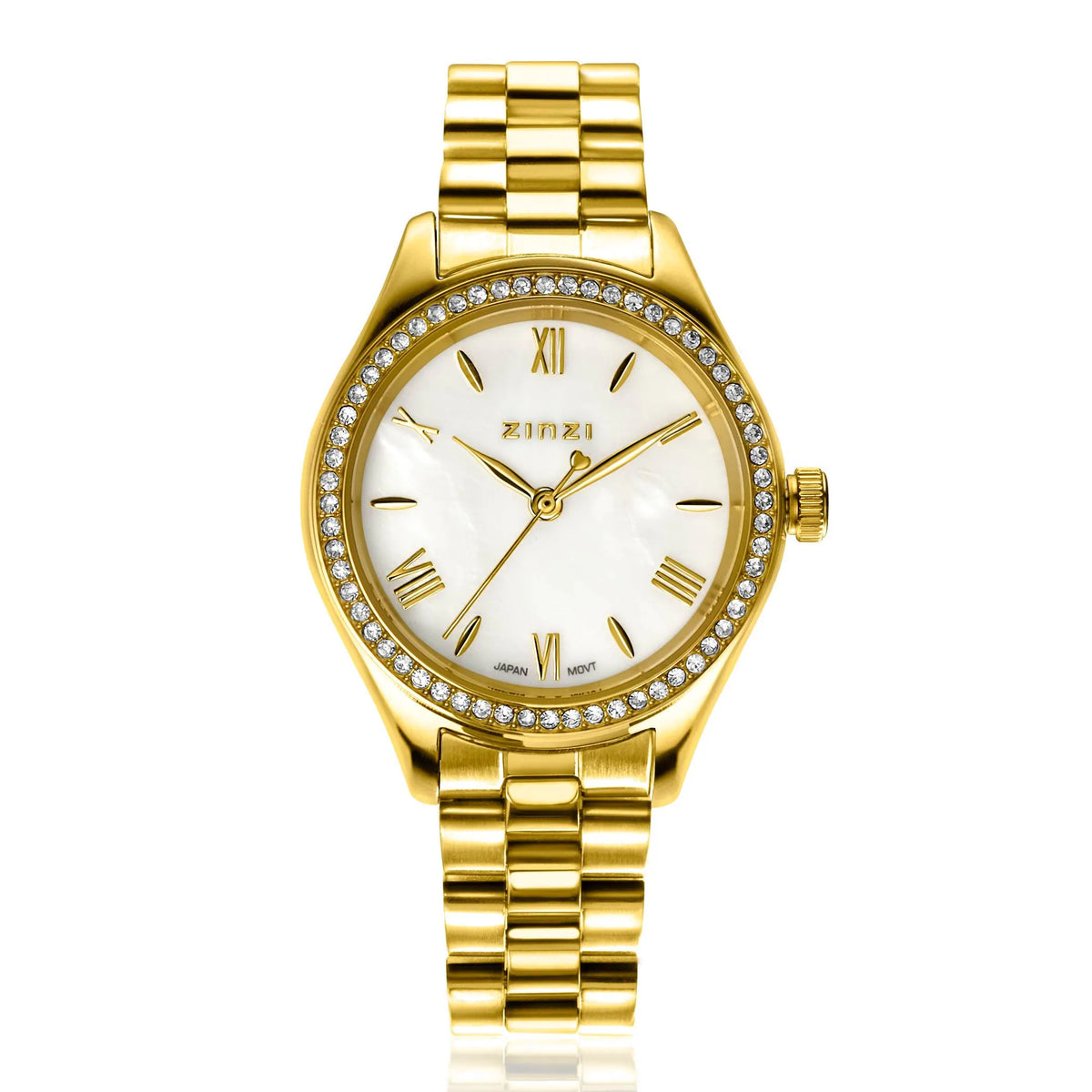 Het Zinzi Goudkleurig Horloge Staal ZIW2434 is voorzien van een goudkleurige metalen schakelband, parelmoer wijzerplaat, Romeinse cijfers, zirkonia's op de ring en het Zinzi-merk op de wijzerplaat.
