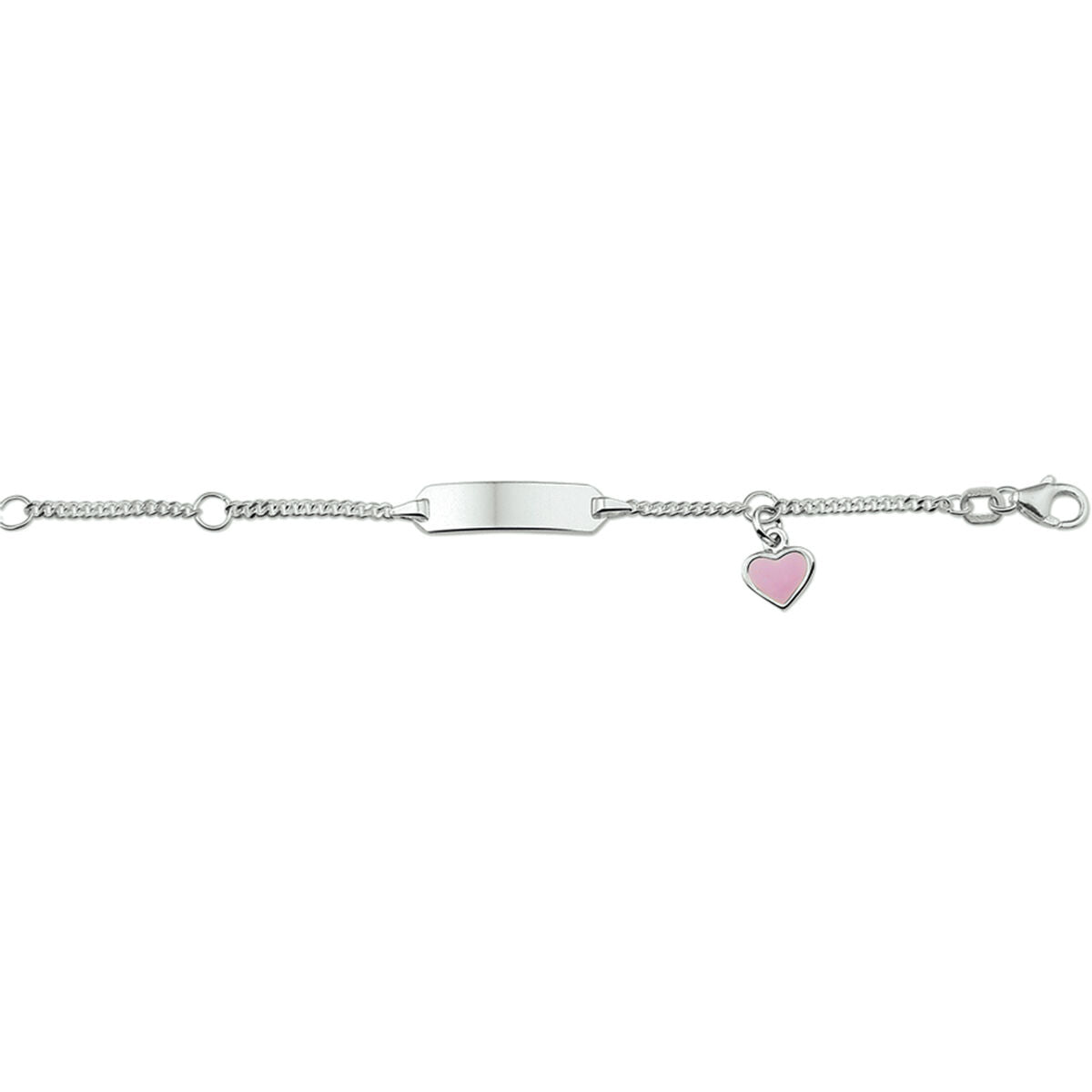 De Van der Kooij Collectie graveerarmband hart plaat 5 mm (9-11 cm) is een zilver gerhodineerd kinderarmband met een rechthoekige graveerplaat en roze hartje, ideaal als geboorte cadeau.