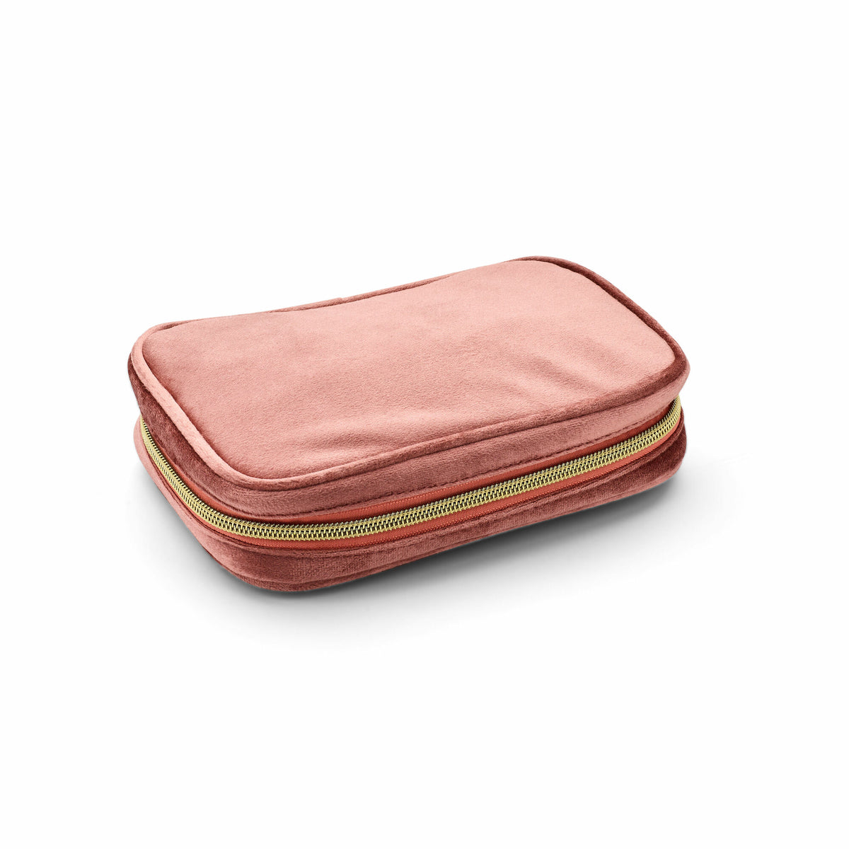 Roze sieraden doos met een compacte, elegante vorm en een rits aan de zijkant.