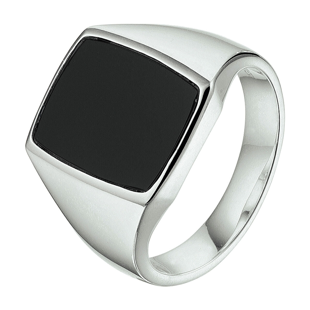 Massieve zilveren zegelring met een vierkante onyx steen en gerhodineerde afwerking.