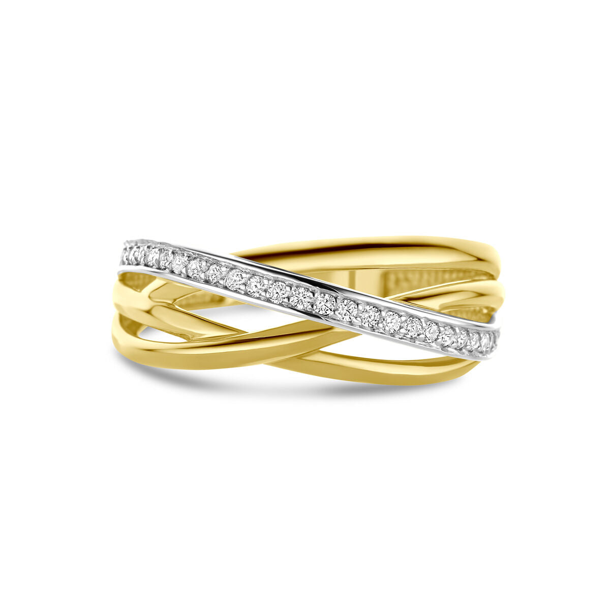 De Van der Kooij Collectie ring zirkonia 14K geelgoud heeft drie verstrengelde banden, waarvan er één bezet is met briljant geslepen zirkonia voor een elegante, moderne crisscross look.