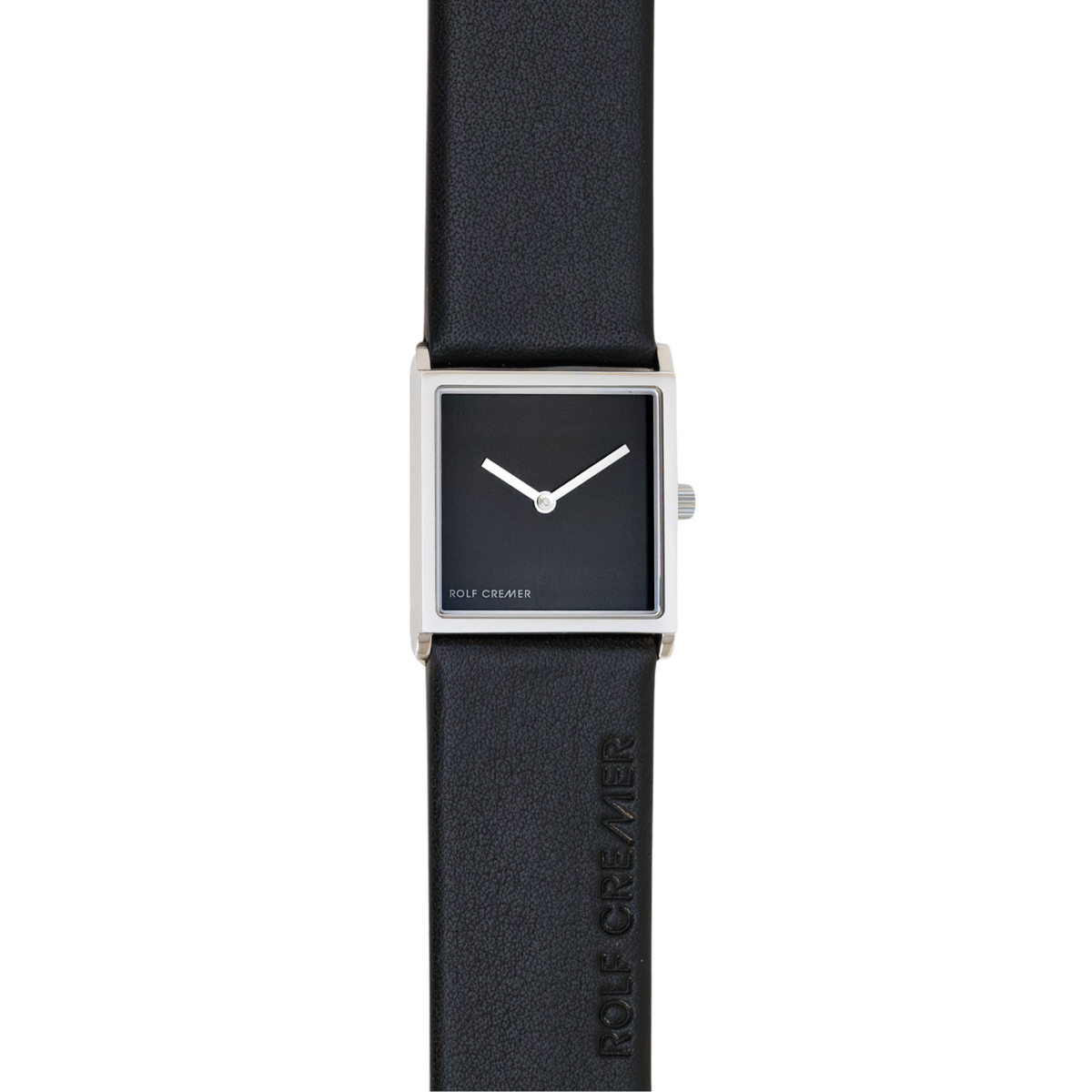 Zwart vierkant horloge met een minimalistische wijzerplaat en leren band.
