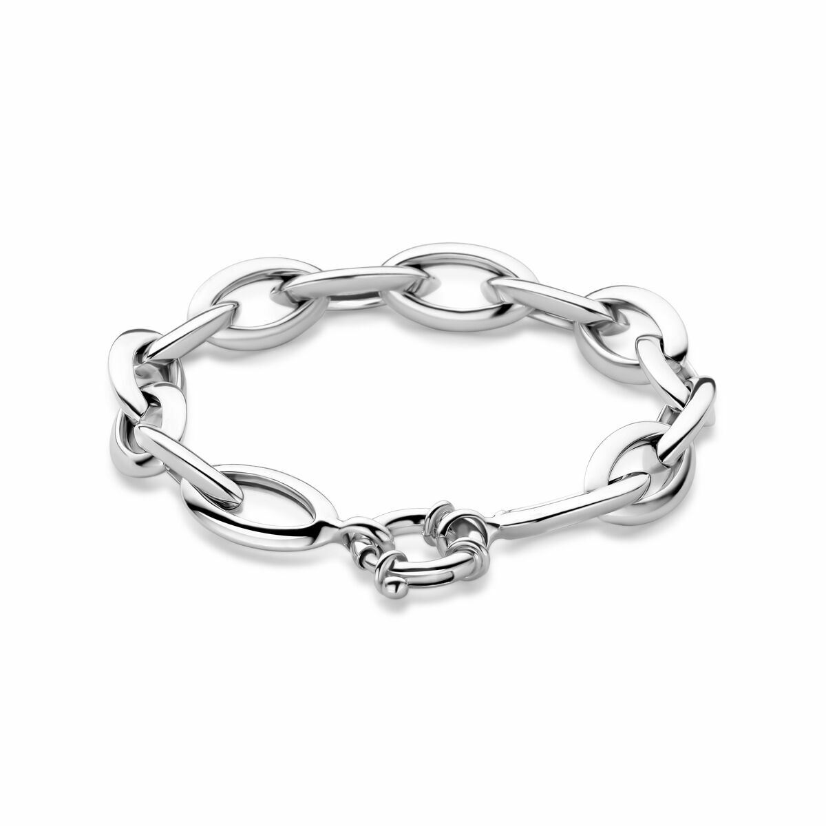 Zilveren armband met ankerketting, 10,5 mm breed en 20 cm lang, voorzien van een groot gerhodineerd springslot.