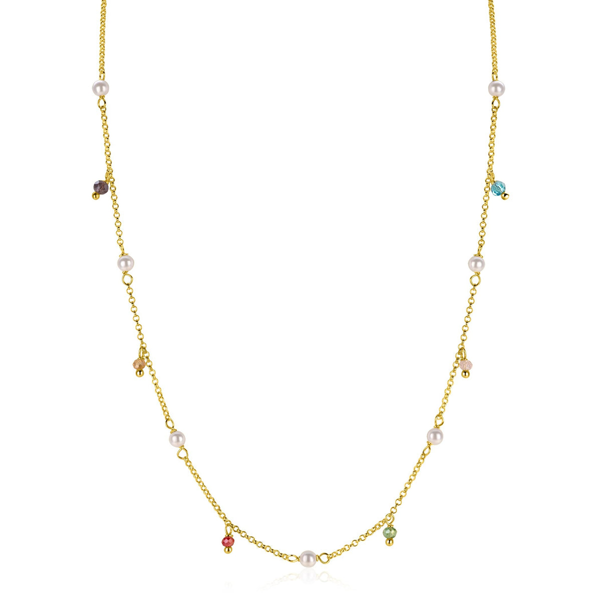 De ZINZI vergulde zilveren ketting ZIC2705G van Zinzi heeft een delicate vergulde ketting versierd met kleine witte parels en kleurrijke edelsteen bedels gelijkmatig verdeeld over de ketting.
