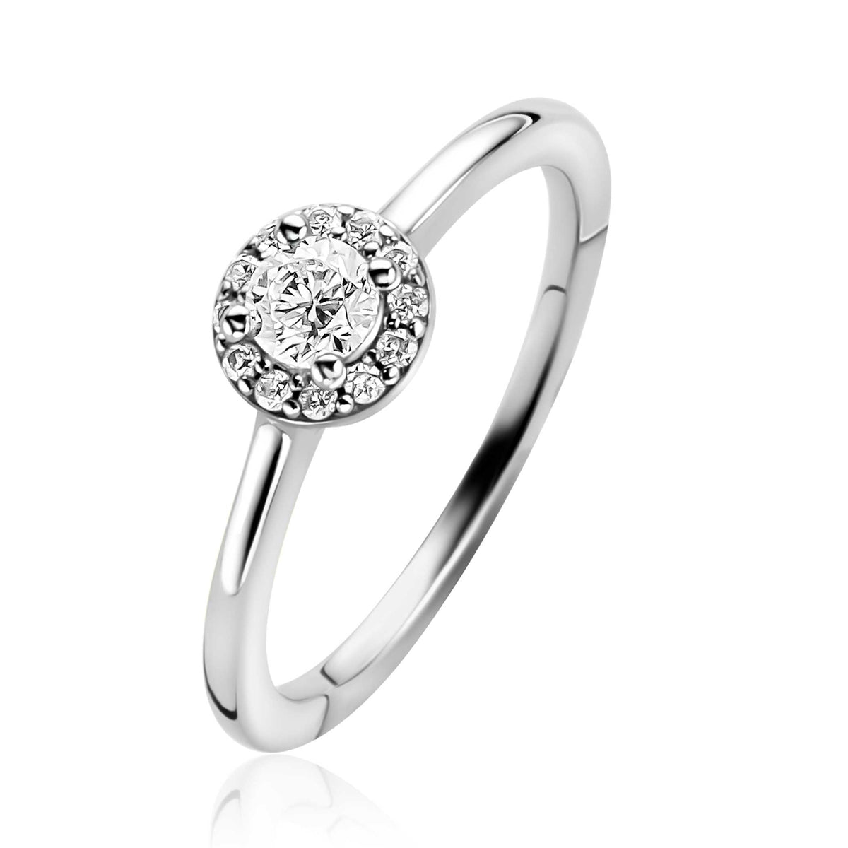 De Zinzi Ring zilver ZIR2697 van Zinzi heeft een ronde cluster van witte zirkonia's in het midden, die een sprankelende halo vormen op een strakke, gepolijste zilveren band.