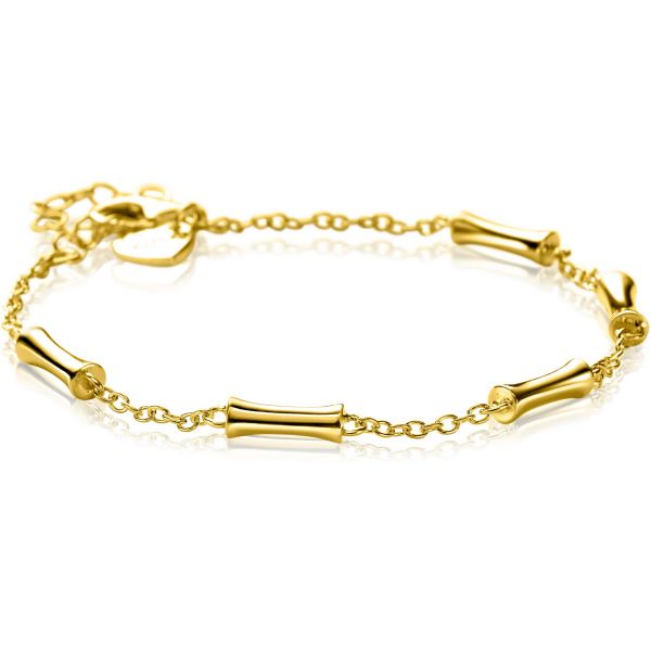 Zilveren armband met een schakelontwerp en cilindervormige elementen, verstelbaar van 17 tot 20 cm.