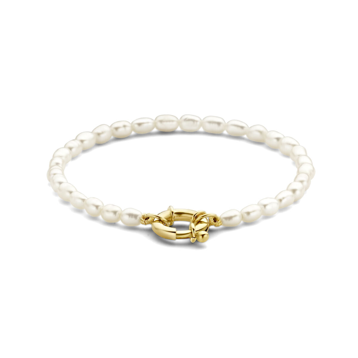 Armband van parels van 18,5 cm met een groot 14K geelgouden springslot.
