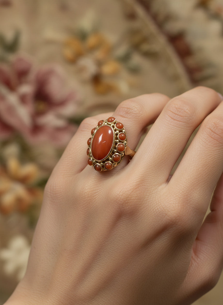 vintage gouden ring 14k bloedkoraal 3.5gr