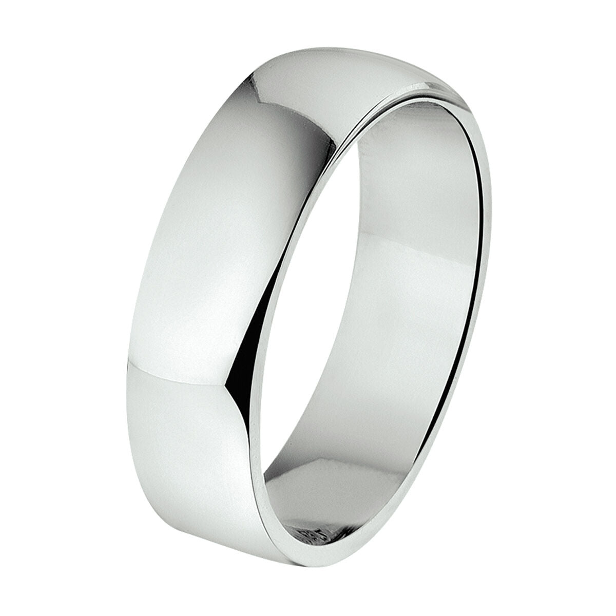 Zilveren ring van 6 mm, gerhodineerd met een gladde, glanzende afwerking.
