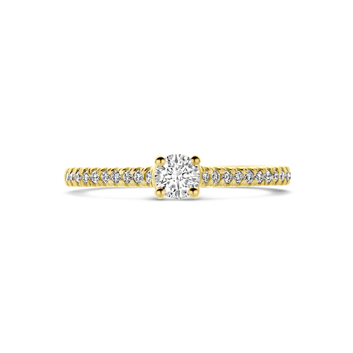De Van der Kooij Collectie ring lab-grown diamant 0.39ct h si 14K geelgoud is een damesring met ronde lab-grown diamant en kleinere diamanten langs de band, stijlvol gebruikelijk op een witte achtergrond.