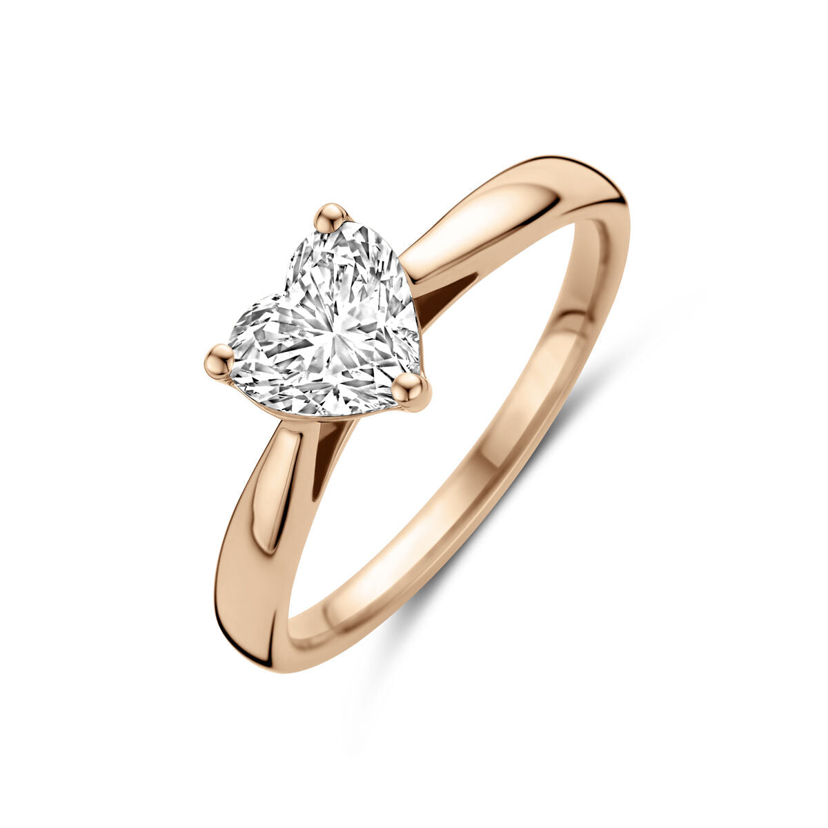 Ring van 14K roségoud met een hartvormige lab-grown diamant van 1.0ct in H SI kwaliteit.