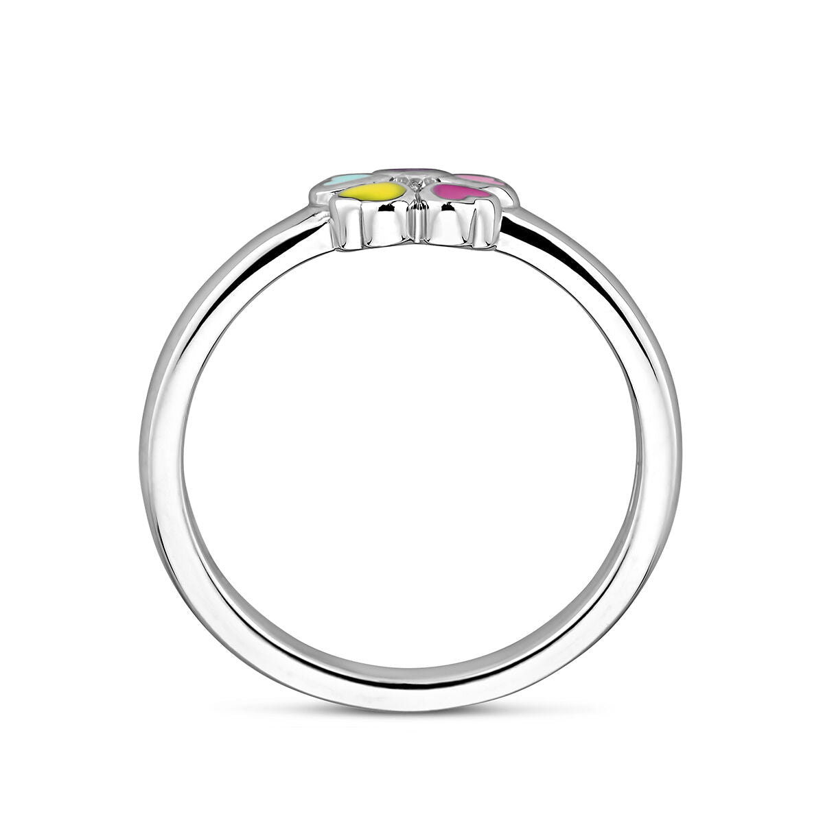 Een dunne gegerhodineerd zilveren ring van Van der Kooij Collectie, voorzien van een bloemmotief en zirkonia accenten. Het kleurrijke bloemdetail is zichtbaar vanaf het zijprofiel.