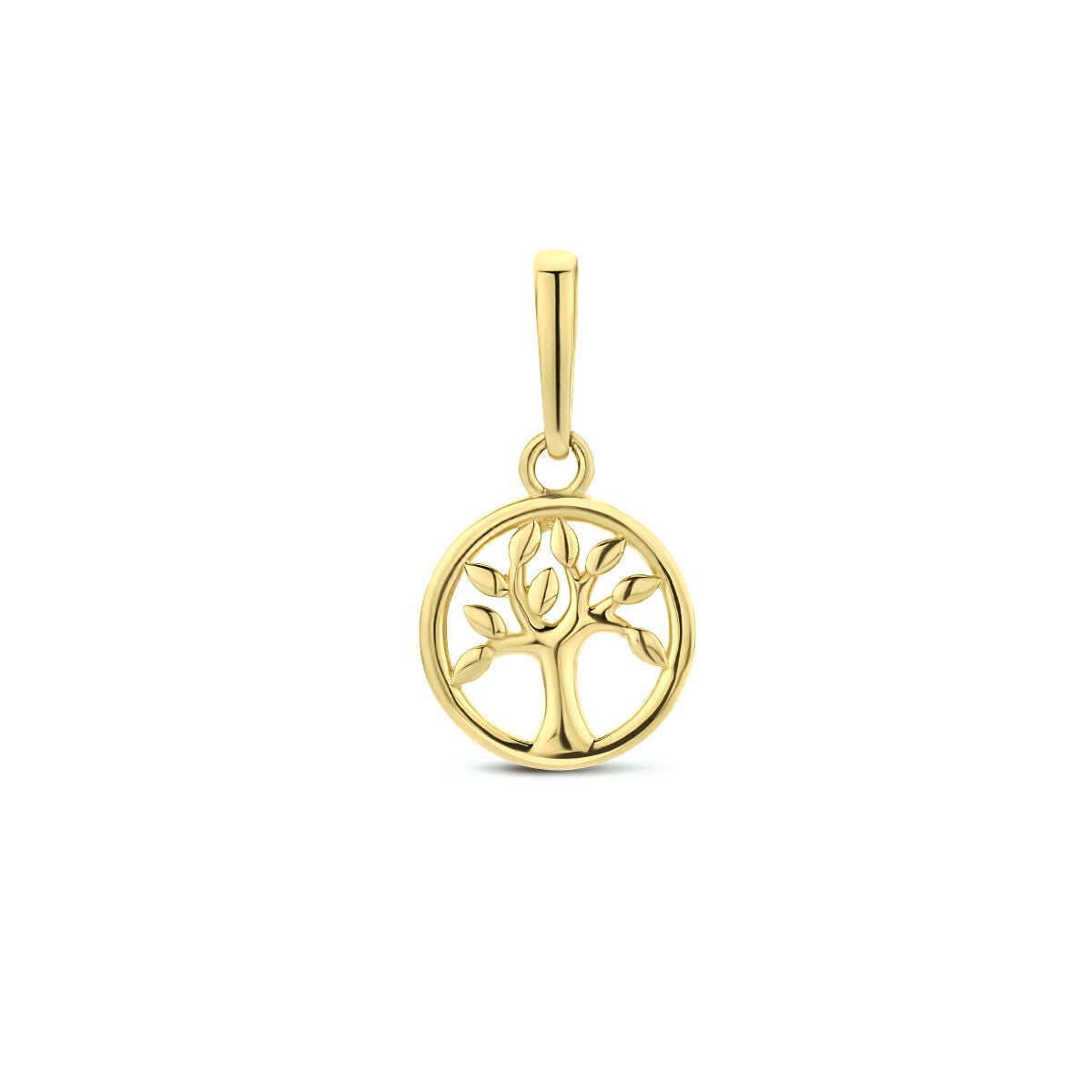 Hanger levensboom van 14K geelgoud met een ronde omlijsting en gedetailleerde takken.