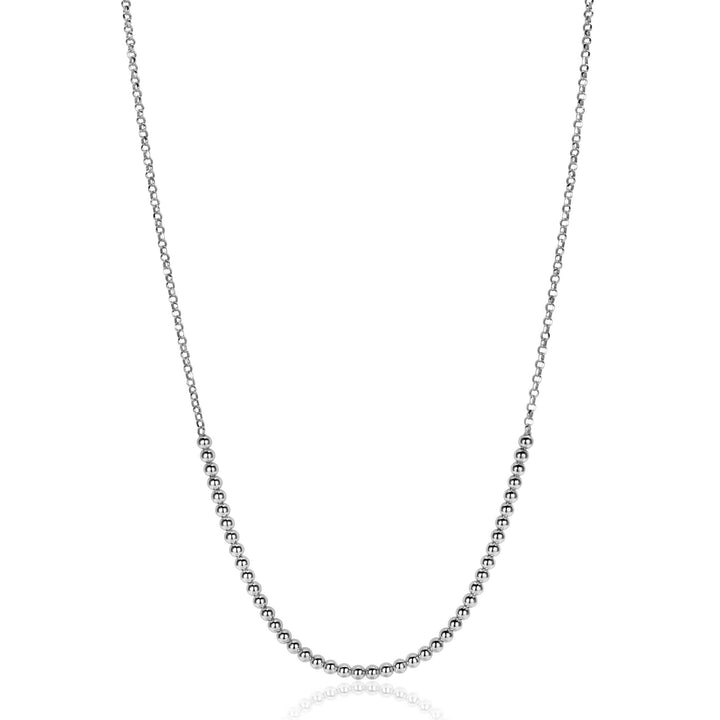 De Zinzi Ketting Zilver ZIC2640 heeft een fijne zilveren ketting met gelijkmatig verdeelde ronde kralen, waardoor een delicate look ontstaat. Deze elegante ketting van Zinzi wordt getoond tegen een witte achtergrond.