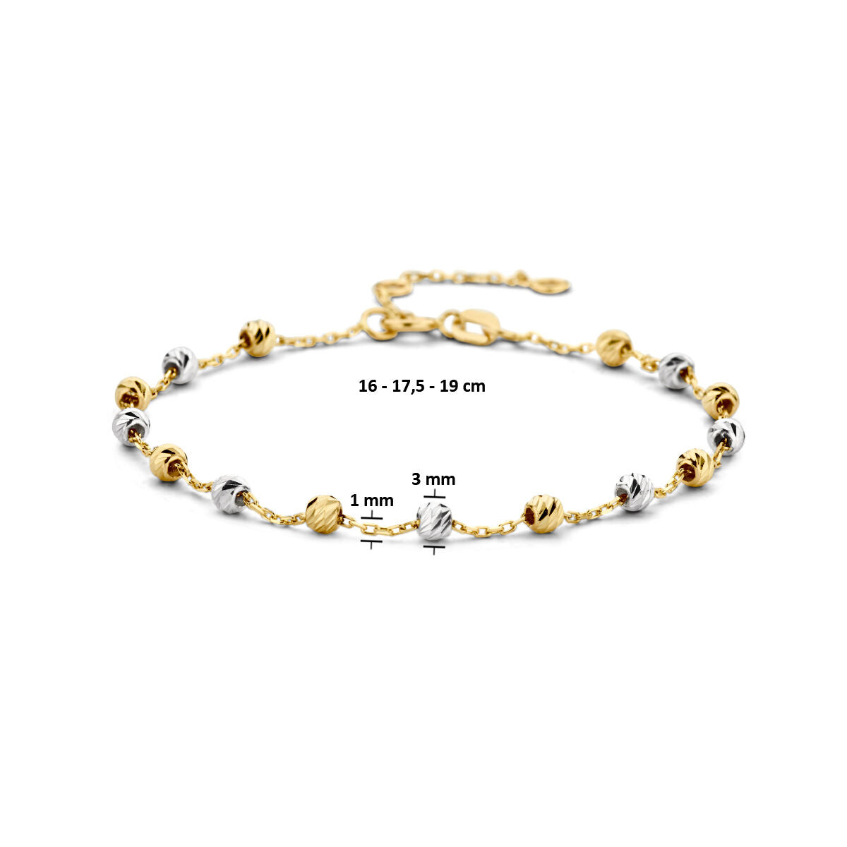 Van der Kooij Collectie Gouden armband dames bolletjes gediamanteerd 14K bicolor met gouden en zilveren kralen, verstelbare lengte 16-19 cm, breedte 1 mm, kraaldikte 3 mm en karabijnsluiting.