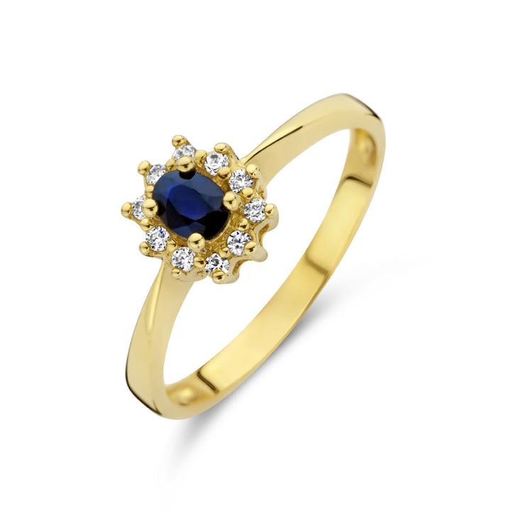 ring sapphire and diamond 0.08ct h p1 halo 14K yellow gold