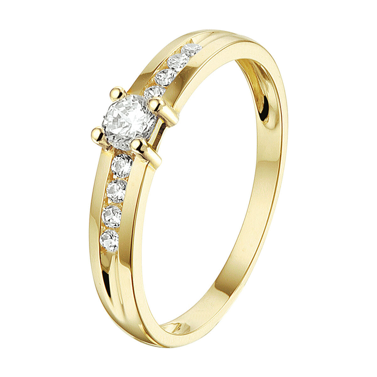 De Van der Kooij Collectie ring zirkonia 14K geelgoud heeft een ronde centrale diamant en zes kleinere zirkonia's in de band, wat een elegante en klassieke uitstraling biedt.