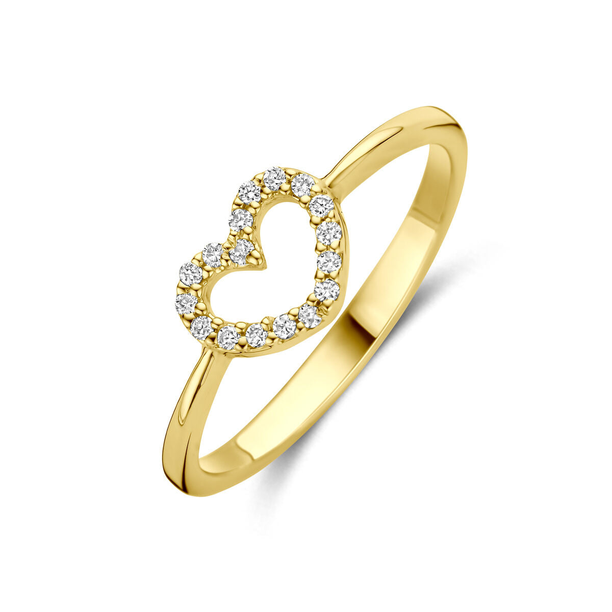 Gouden damesring van 14k geelgoud met hartvormige zetting en lab grown diamanten.