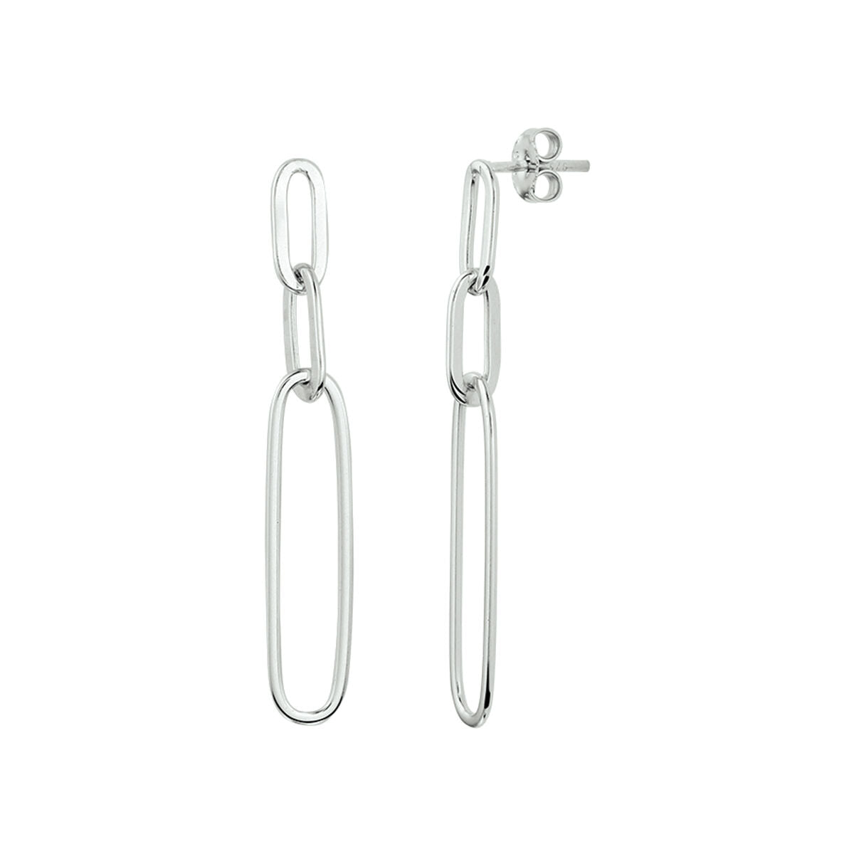Zilveren gerhodineerde oorhangers in paperclip-vorm met een langwerpig ontwerp.