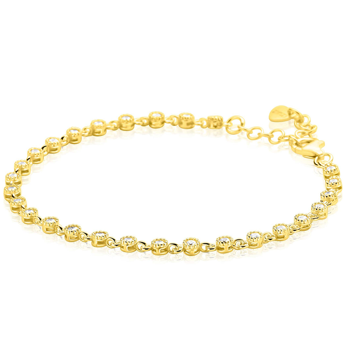 Vergulde zilveren armband met een speelse rij ronde witte zirkonia's in zetting.