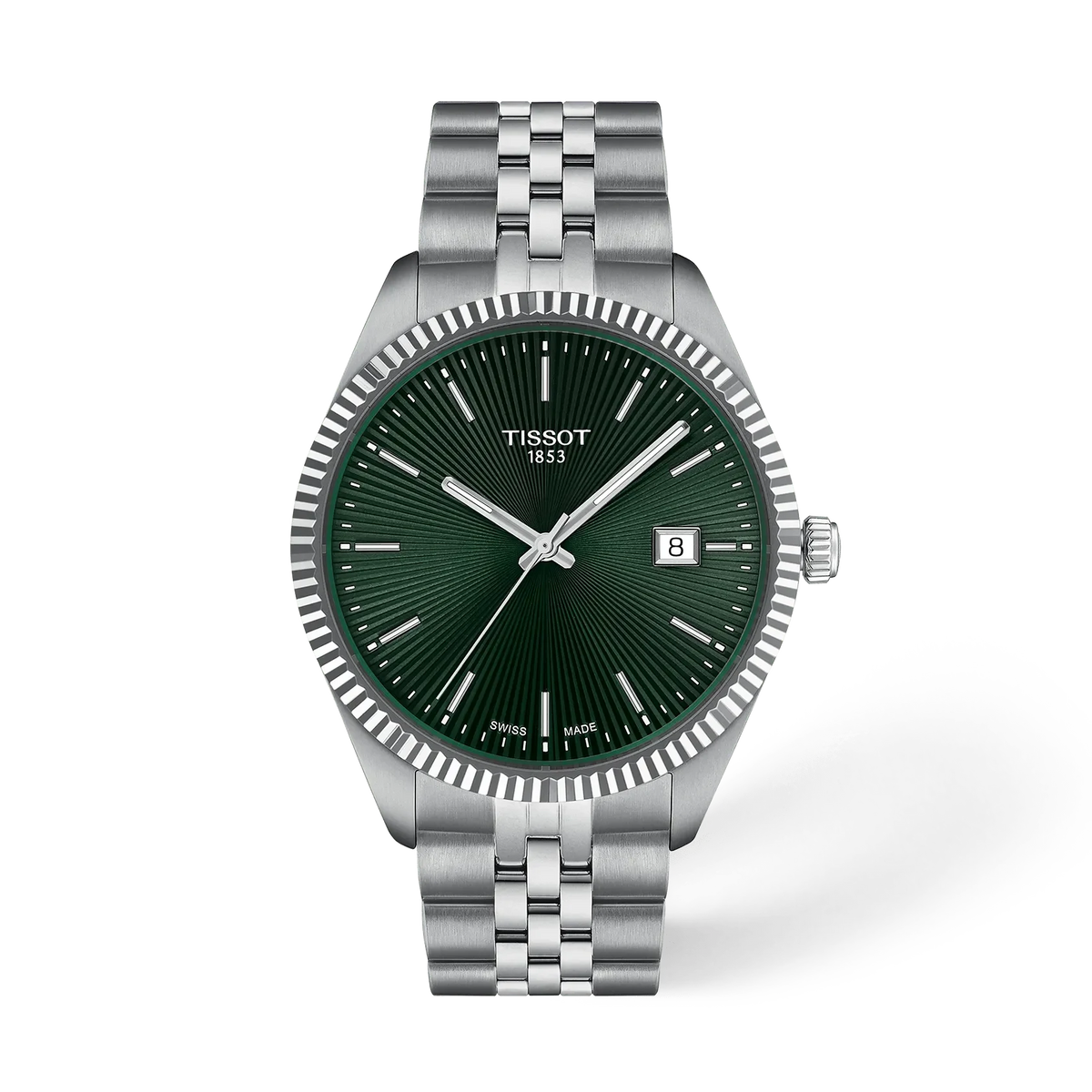 Stalen horloge met groene wijzerplaat, stalen schakelband en datumweergave.