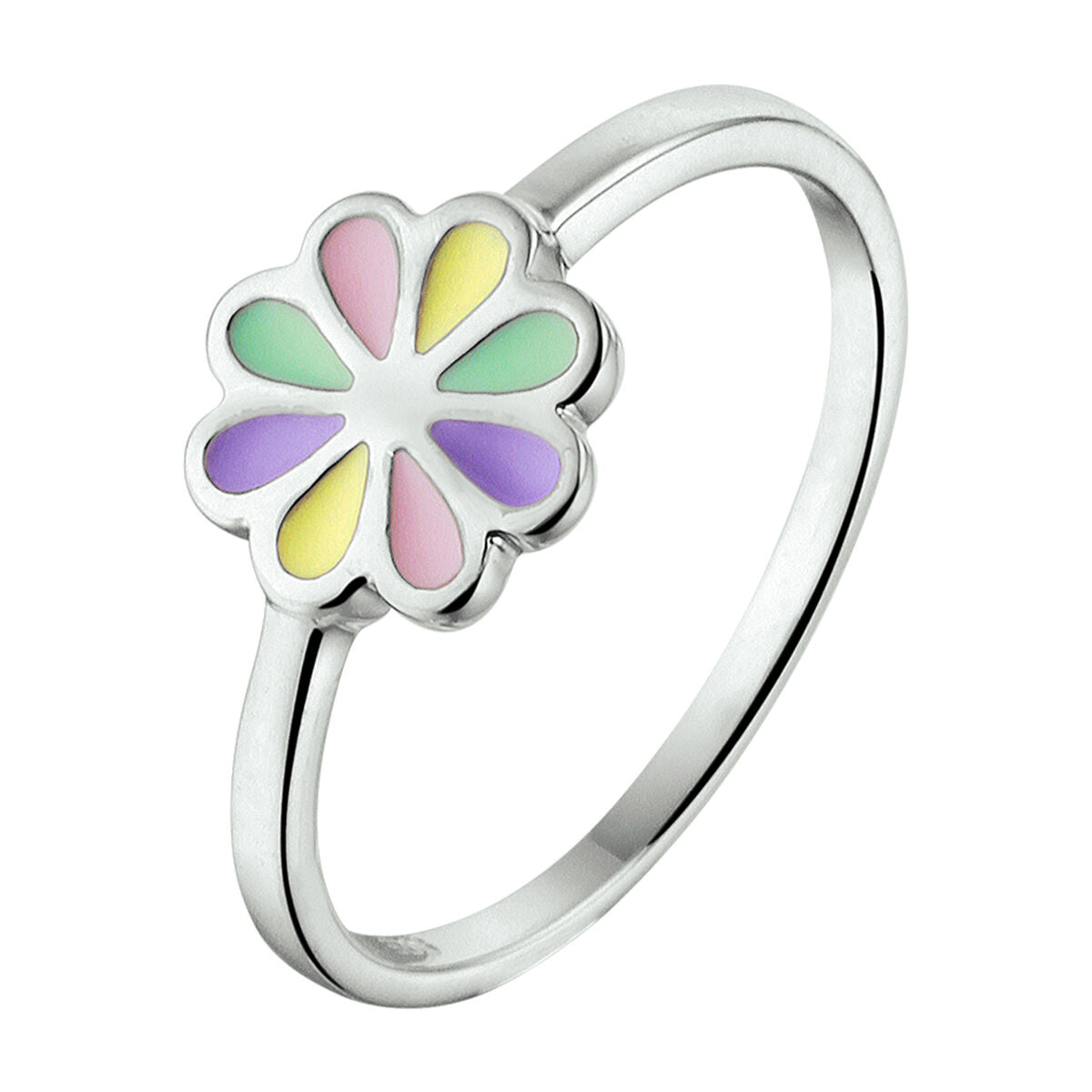 Zilveren gerhodineerde ring met een bloemvormige bedel in pastelkleuren.