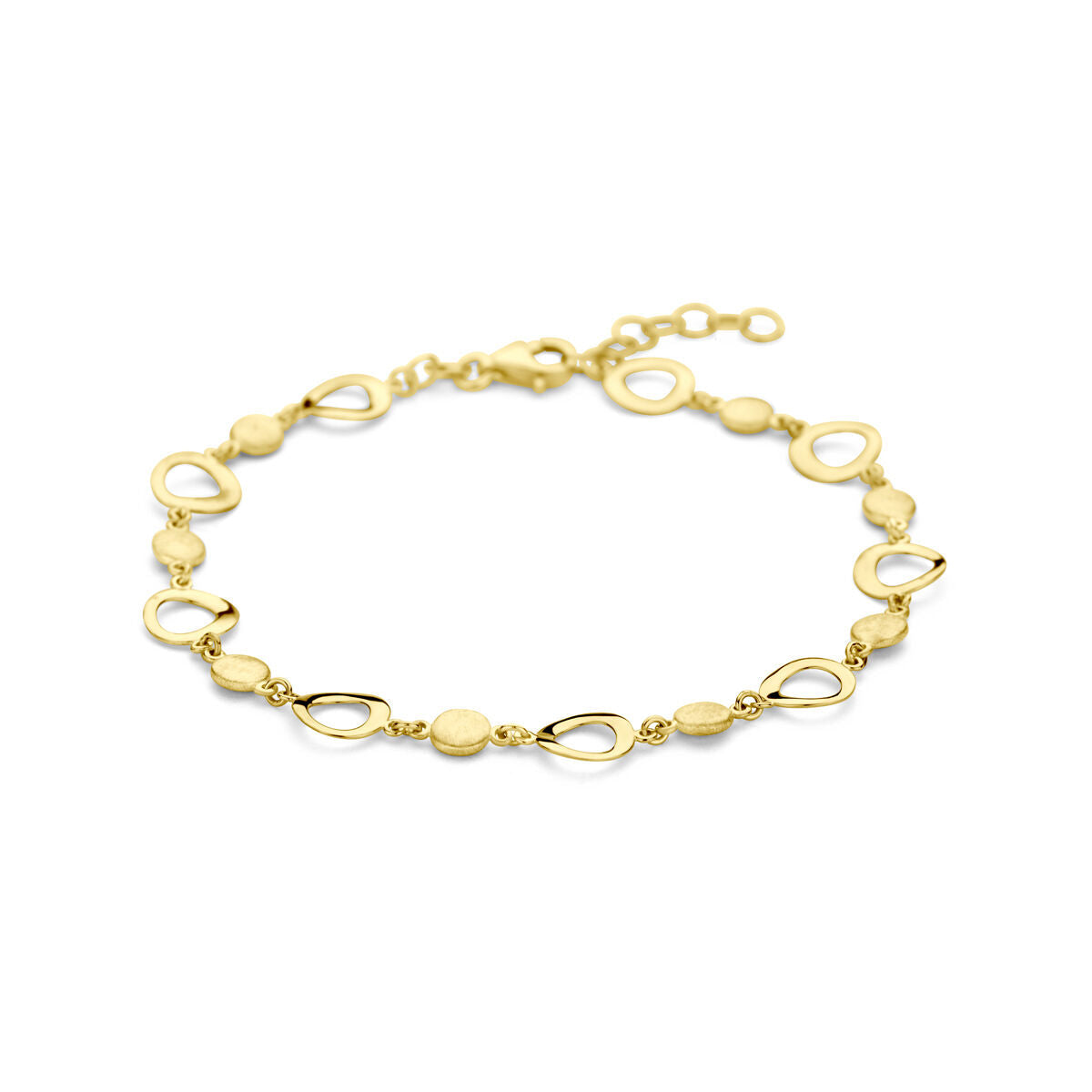 Gouden armband voor dames met een combinatie van gepolijste en matte schakels van 14K goud.