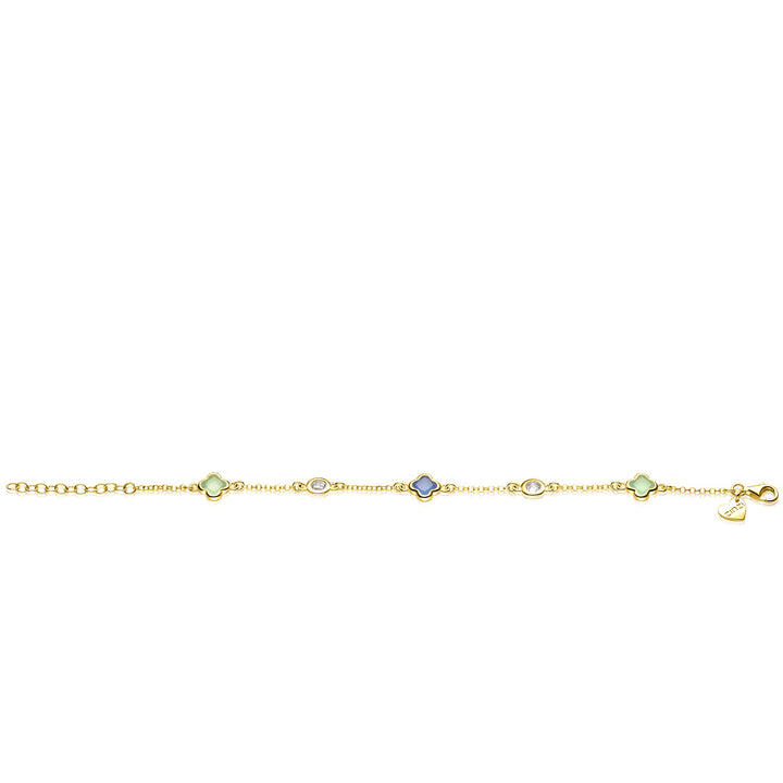 De Zinzi Armband Gold Plated ZIA2763 is een delicaat verguld armbandje van Zinzi, met afwisselend pastelgroene en blauwe bloembedeltjes, kleine ronde steentjes en een hartbedeltje bij de sluiting.