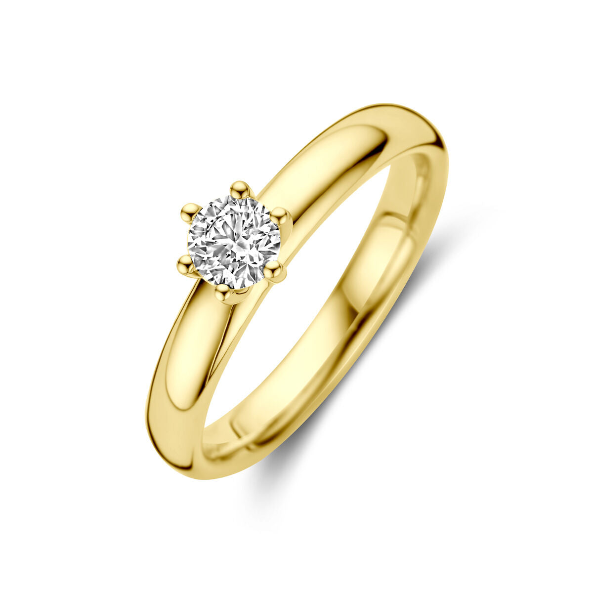 Geelgouden aanzoeksring met een solitaire diamant van 0.33 ct, geslepen in ronde vorm.