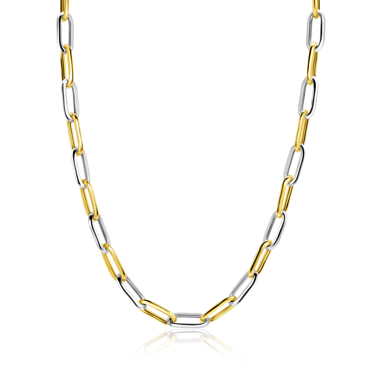 De Zinzi ketting ZIC2668 45 cm heeft afwisselend langwerpige goud- en zilverkleurige schakels voor een moderne, stijlvolle look. Deze eenvoudige, elegante ketting van Zinzi wordt afgebeeld op een witte achtergrond.