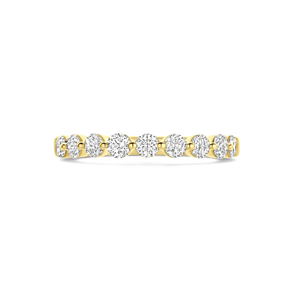 De Van der Kooij Collectie ring lab grown diamant 0.75ct H SI in 14K geelgoud is een damesring met een rij ronde diamanten in een gedeelde tand zetting, getoond tegen een witte achtergrond.