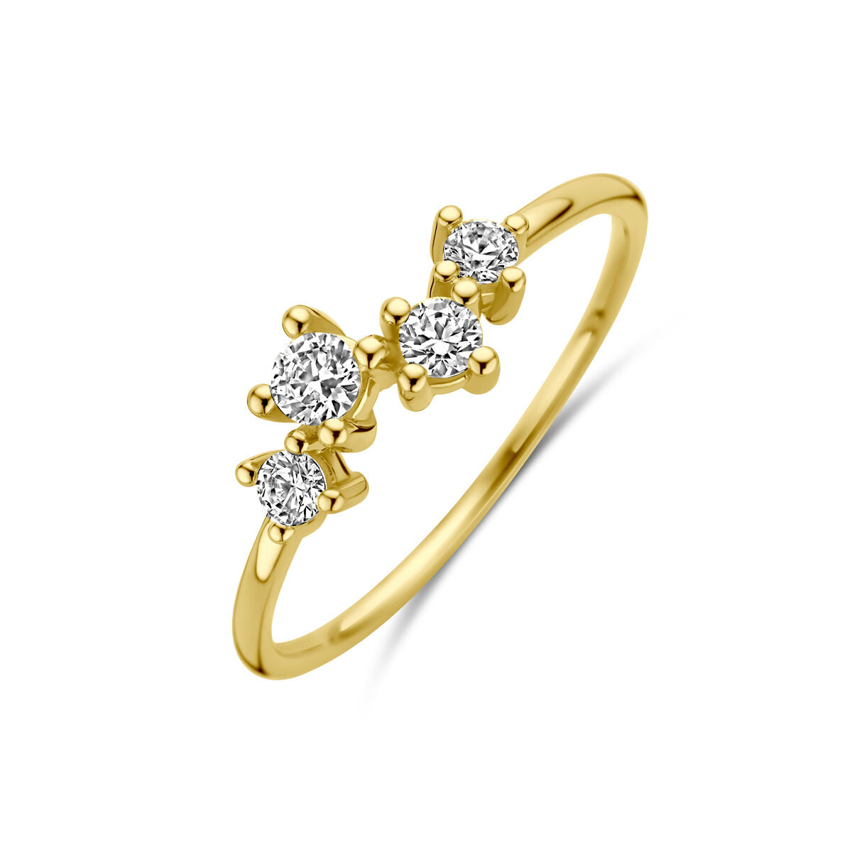 De Van der Kooij Collectie ring zirkonia 14K geelgoud is een delicate damesring met vier ronde, in prongs gezette zirkonia's in een asymmetrisch cluster op een dunne gouden band, afgebeeld op een witte achtergrond.