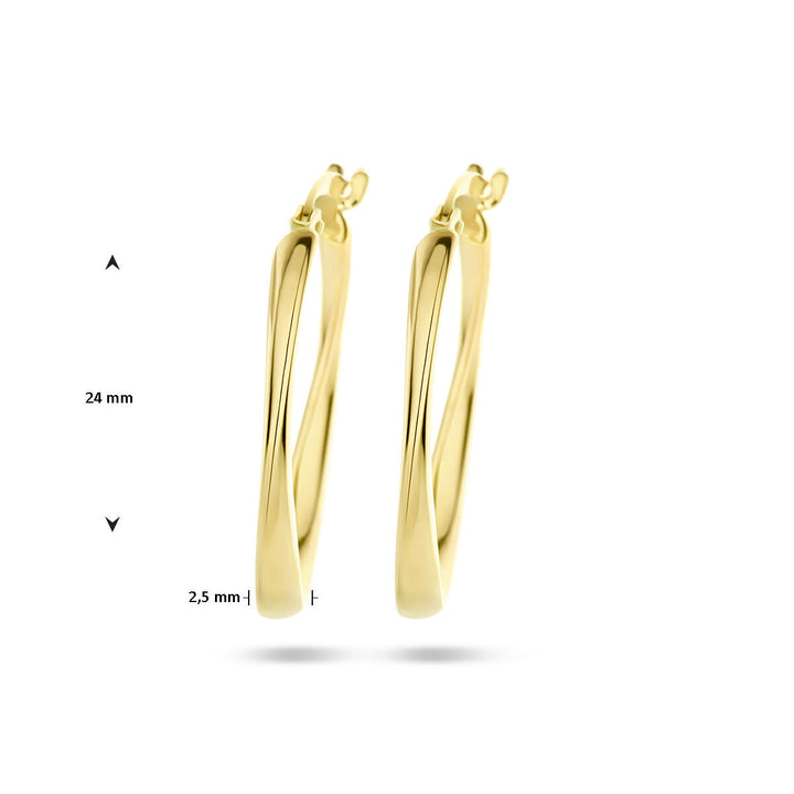 Een paar Van der Kooij Collectie oorringen ovaal gedraaide buis 14K geelgoud met scharniersluiting, naast elkaar weergegeven op een witte achtergrond. De dames sieraden zijn 24 mm hoog en 2,5 mm breed.