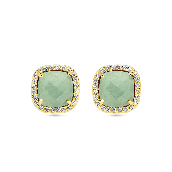 ear studs green agate and zirconia halo 14K yellow gold